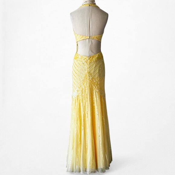 Vintage Y2K Yellow Halter Beaded Sequin Mesh Bodycon Maxi Prom Dress Size XS/S - Picture 10 of 14